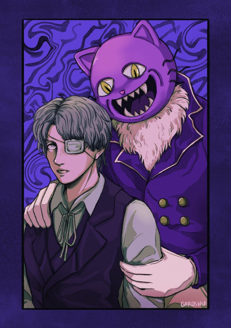 2boys, artist_name, behind_another, black_vest, border, cat_mask, collared_shirt, commentary