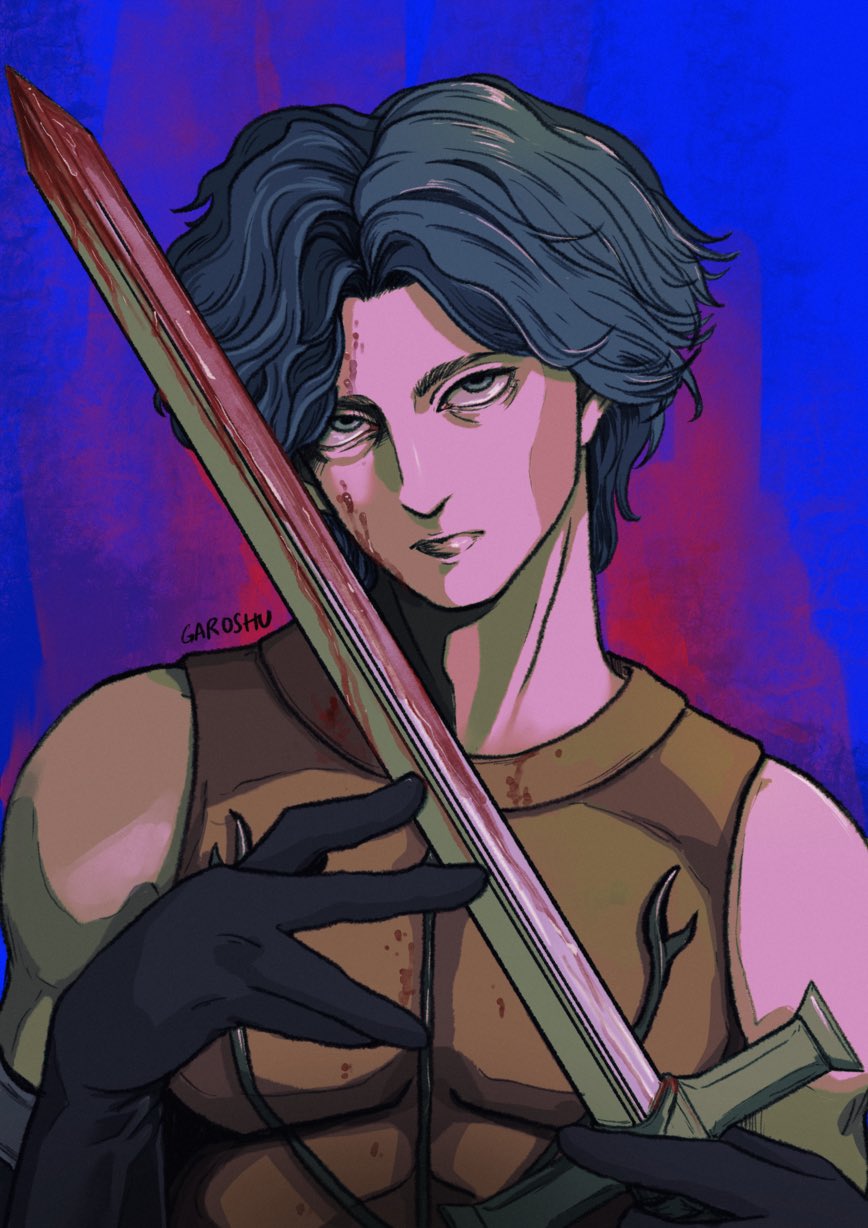 1boy, armor, artist_name, bare_shoulders, black_gloves, blood, blood_on_weapon, blue_background