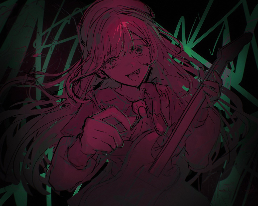 ascot, bang_dream!, bang_dream!_it's_mygo!!!!!, beret, commentary, electric_guitar, floating_hair, guitar, hashtag-only_commentary, hat, highres, instrument, long_hair, mortis_(bang_dream!), no_strings, noko_(4702bc), teeth, upper_teeth_only, wakaba_mutsumi