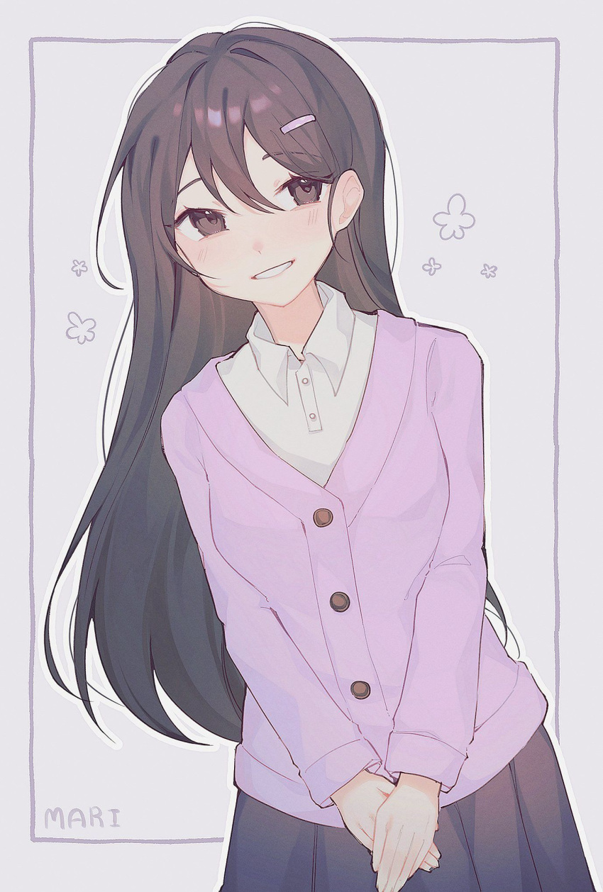 1girl, black_eyes, black_hair, black_skirt, blush, buttons, cardigan, character_name, collared_shirt, double-parted_bangs, grey_background, grin, hair_between_eyes, hair_ornament, highres, inset_border, long_hair, looking_at_viewer, mari_(faraway)_(omori), mari_(omori), omori, outline, own_hands_together, purple_cardigan, shirt, simple_background, skirt, smile, snowdrops, solo, straight_hair, upper_body, v_arms, white_outline, white_shirt
