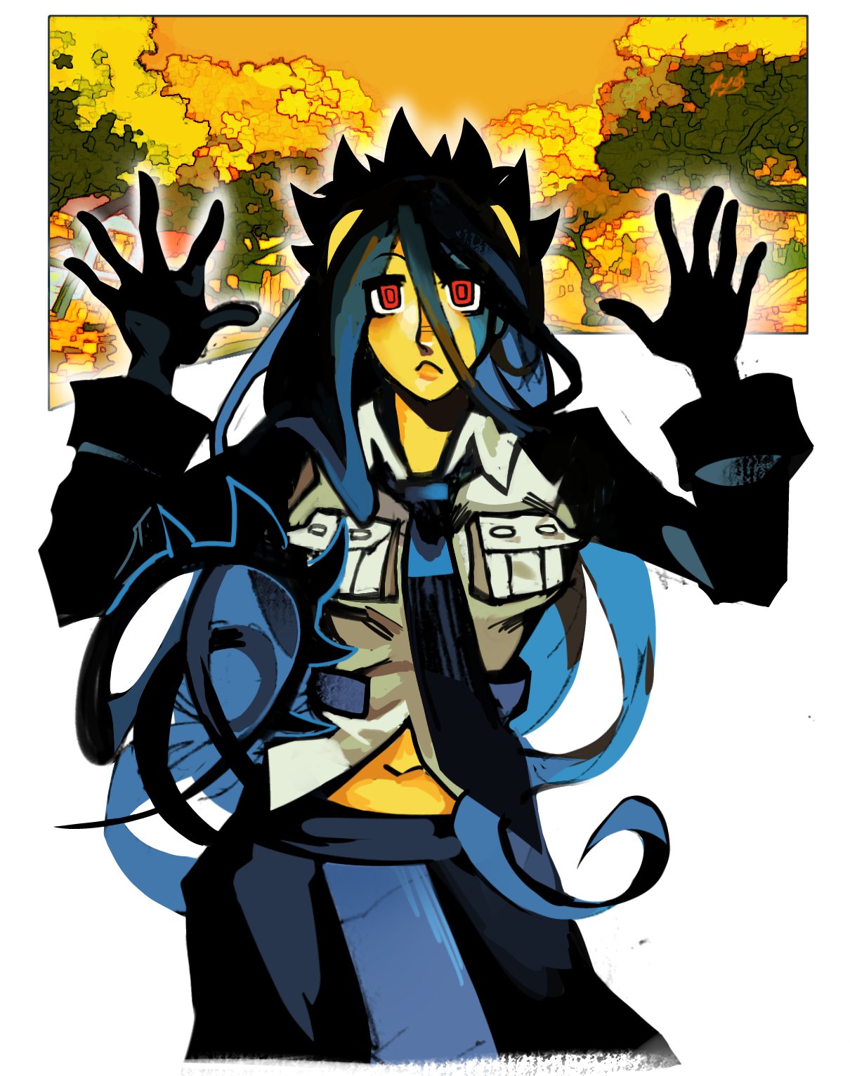 1boy, 1girl, black_gloves, black_hair, black_pants, blue_hair, breasts, collared_shirt, cosplay, extra_mouth, filia_(skullgirls), gloves, highres, jacket, l17932, long_hair, long_sleeves, looking_at_viewer, male_focus, navel, necktie, pants, prehensile_hair, red_eyes, school_uniform, shirt, skirt, skullgirls, solo, very_long_hair, white_shirt