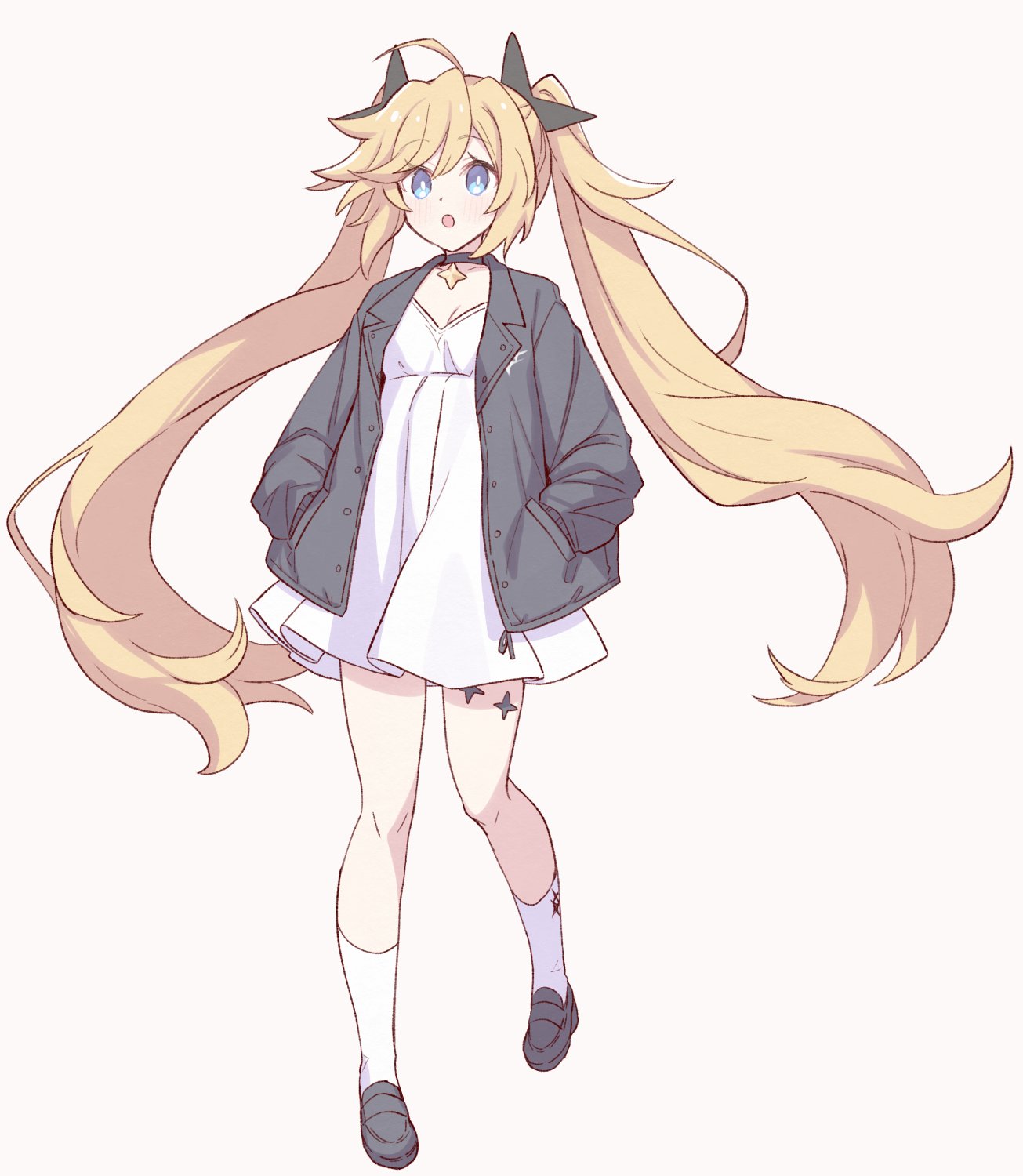 1girl, ahoge, black_choker, black_footwear, black_jacket, black_ribbon, blonde_hair, blue_eyes