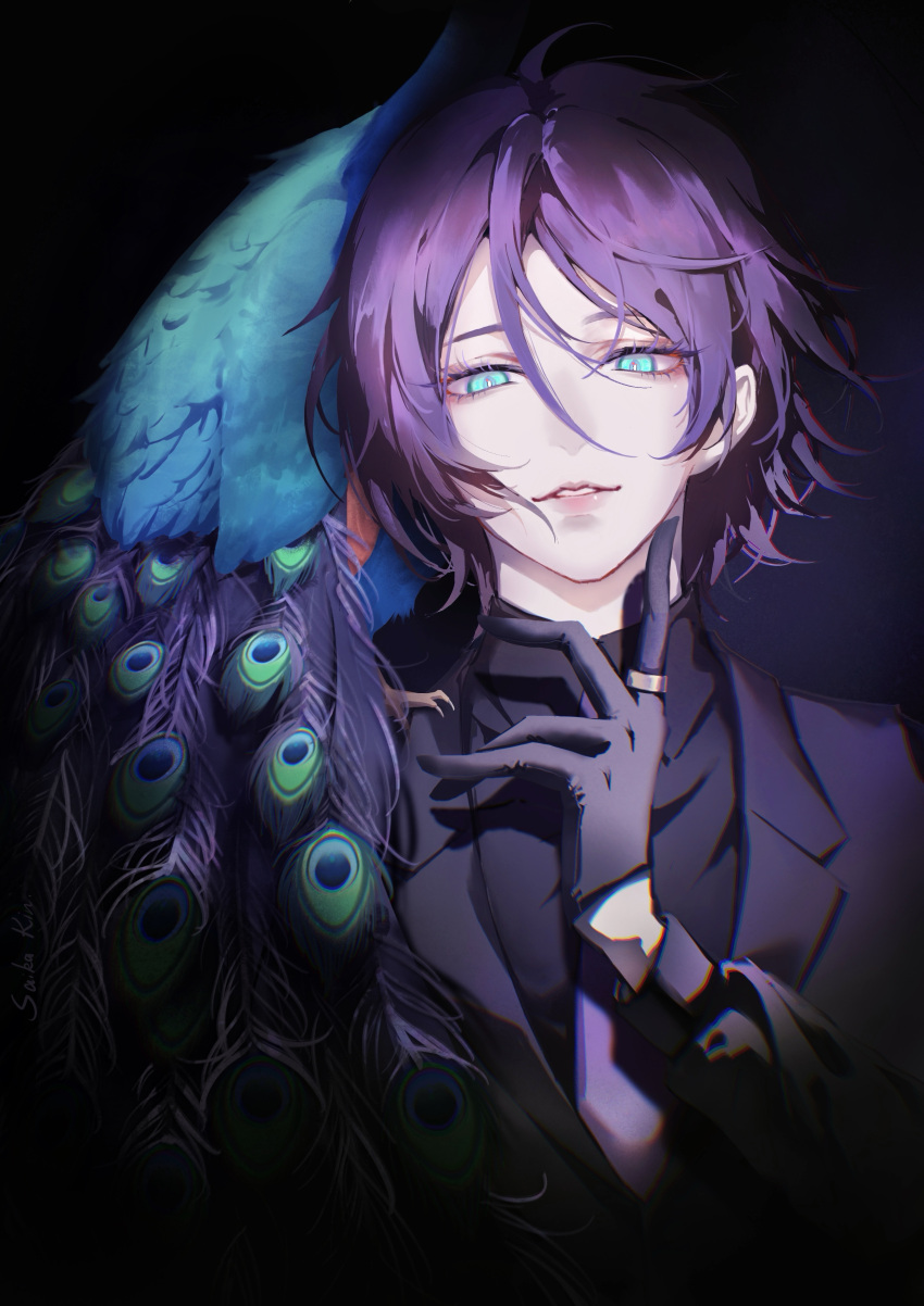 1boy, absurdres, akashi_neko, androgynous, animal_on_shoulder, bird, bird_on_shoulder, black_background