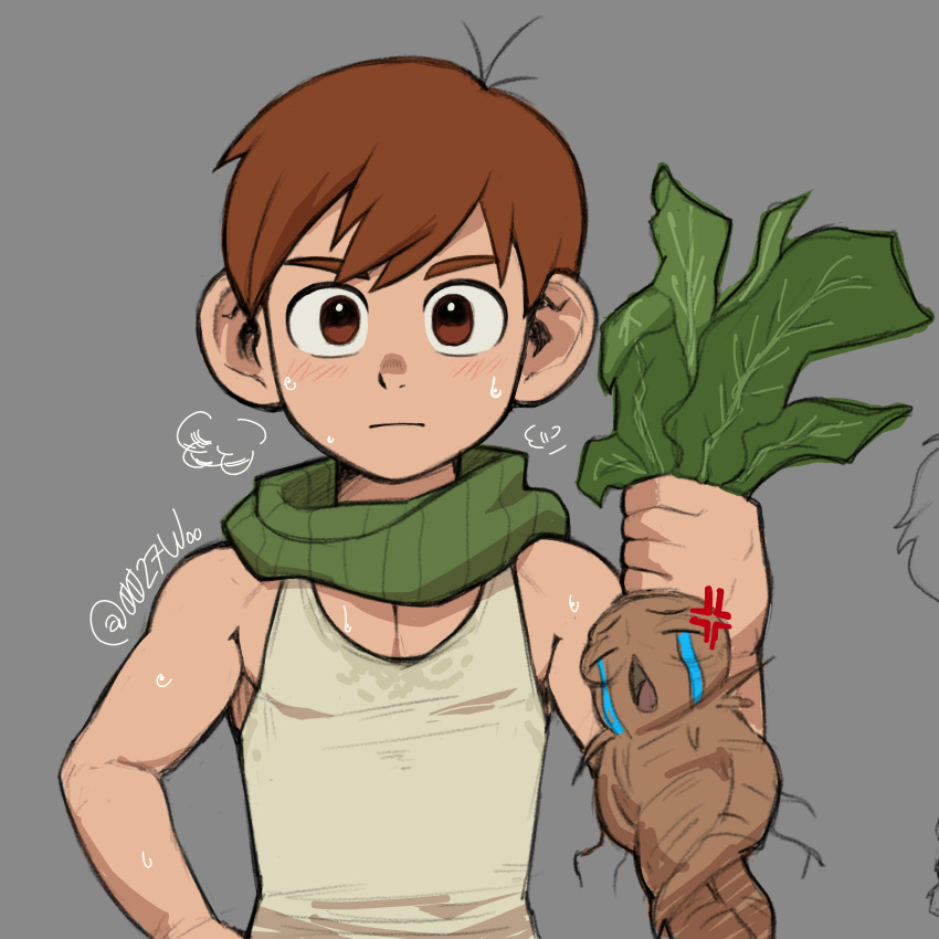1boy, absurdres, anger_vein, brown_eyes, brown_hair, chilchuck_tims, commentary, dungeon_meshi