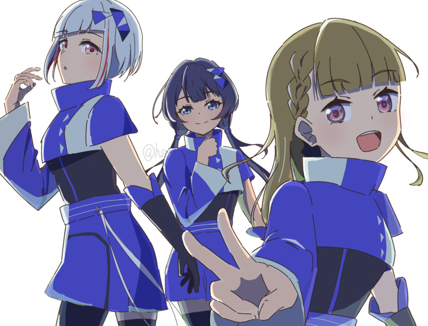 3girls, :d, :o, asymmetrical_clothes, asymmetrical_sleeves, black_gloves, blue_eyes, blue_hair