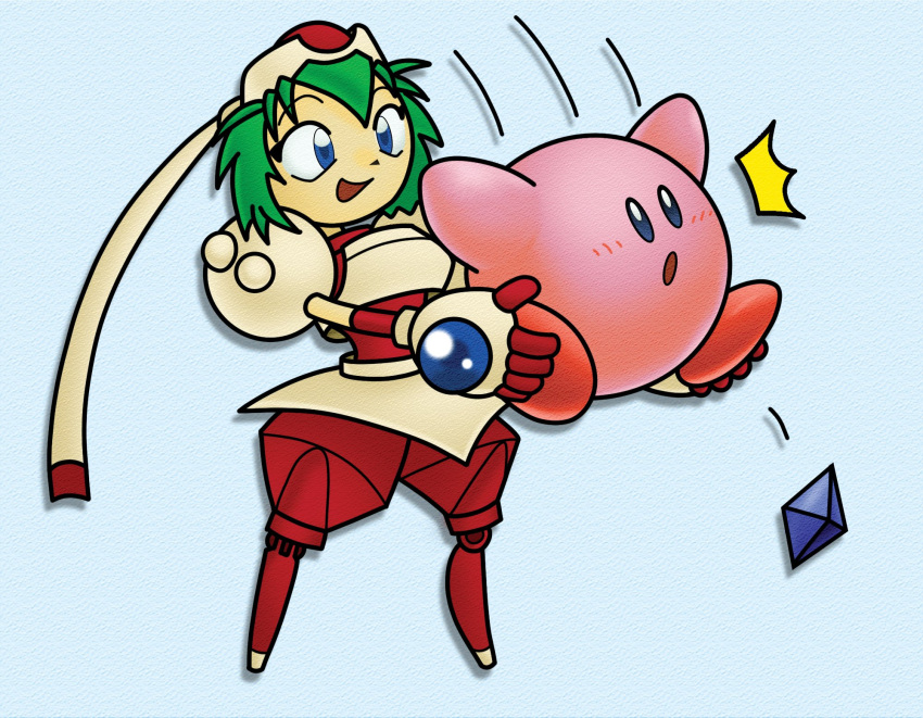 1boy, 1girl, :d, :o, ^^^, android, armor, blue_background