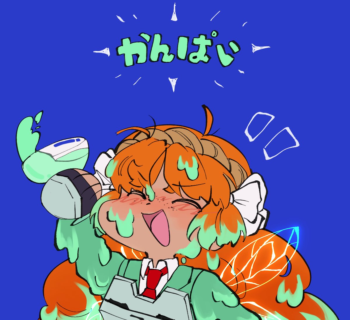 1girl, :d, ahoge, ahumansandwich, arm_up, armor, blue_background, blush