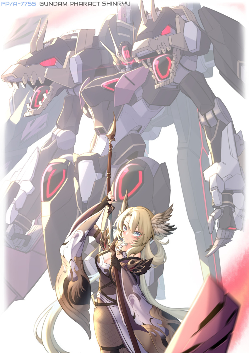 1girl, absurdres, blonde_hair, blue_eyes, character_name, cropped_legs, eien_project, fishnets, glowing, glowing_eyes, gundam, gundam_pharact, gundam_suisei_no_majo, head_wings, highres, holding, holding_sword, holding_weapon, japanese_clothes, katana, long_hair, looking_at_viewer, mecha, mobile_suit, pinguinkotak, red_eyes, redesign, robot, science_fiction, skye_shinryu, solo, standing, sword, v-fin, virtual_youtuber, weapon, white_background, wings
