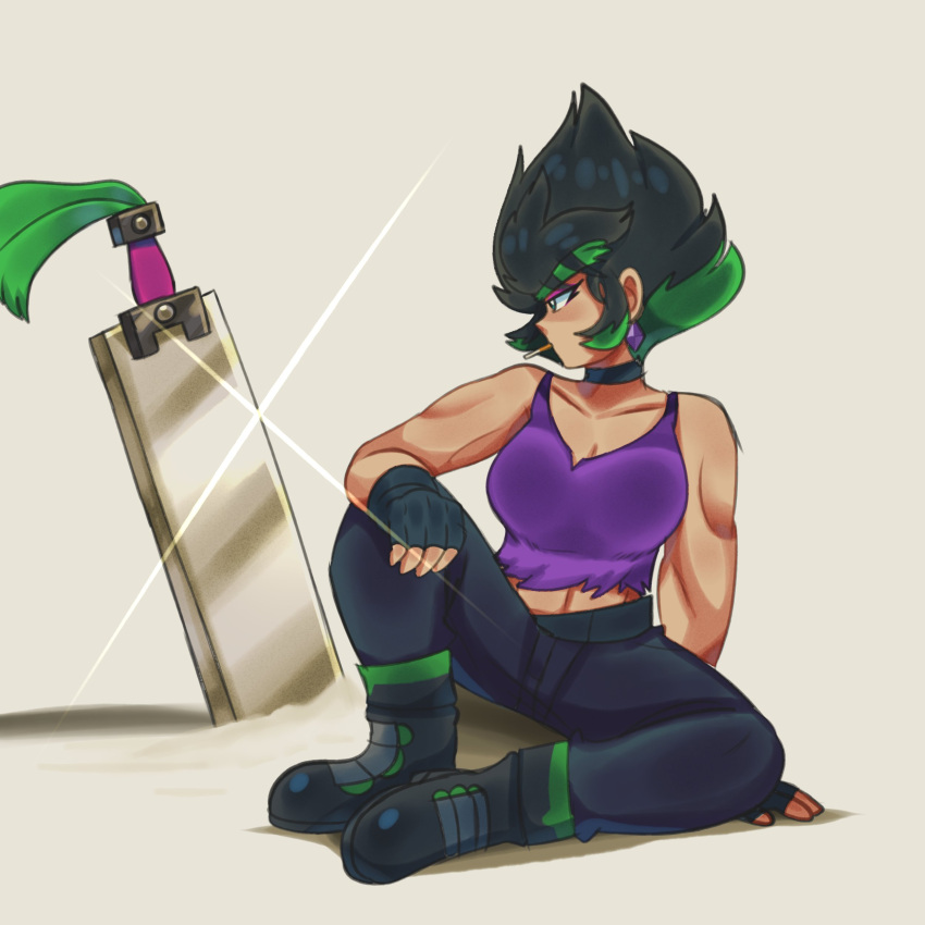 1girl, absurdres, black_hair, blue_eyes, choker, edge_(mario_+_rabbids), full_body, furry, furry_female, gloves, green_hair, highres, holding, humanization, lueduar, mario_+_rabbids_sparks_of_hope, multicolored_hair, personification, raving_rabbids, shirt, super_mario_bros., sword, torn_clothes, weapon, white_gloves