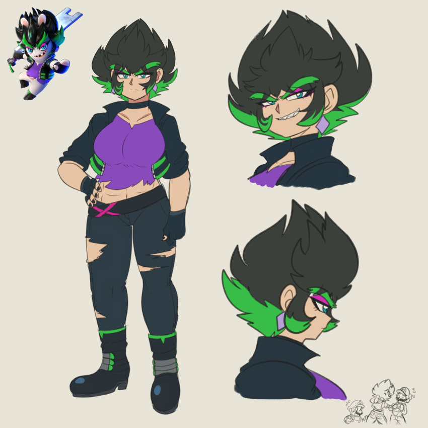 1girl, absurdres, black_hair, blue_eyes, choker, edge_(mario_+_rabbids), full_body, furry