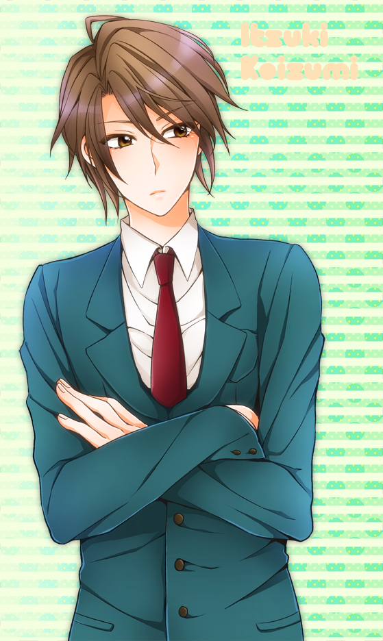 brown_eyes, brown_hair, crossed_arms, koizumi_itsuki, kon_(konb), male, school_uniform, short_hair, suzumiya_haruhi_no_yuuutsu