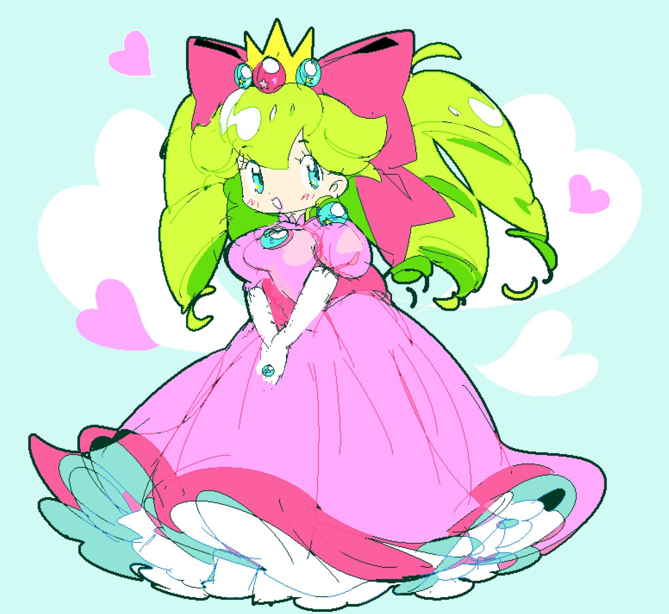 1girl, blue_eyes, breasts, crown, dress, earrings, falulu, gloves