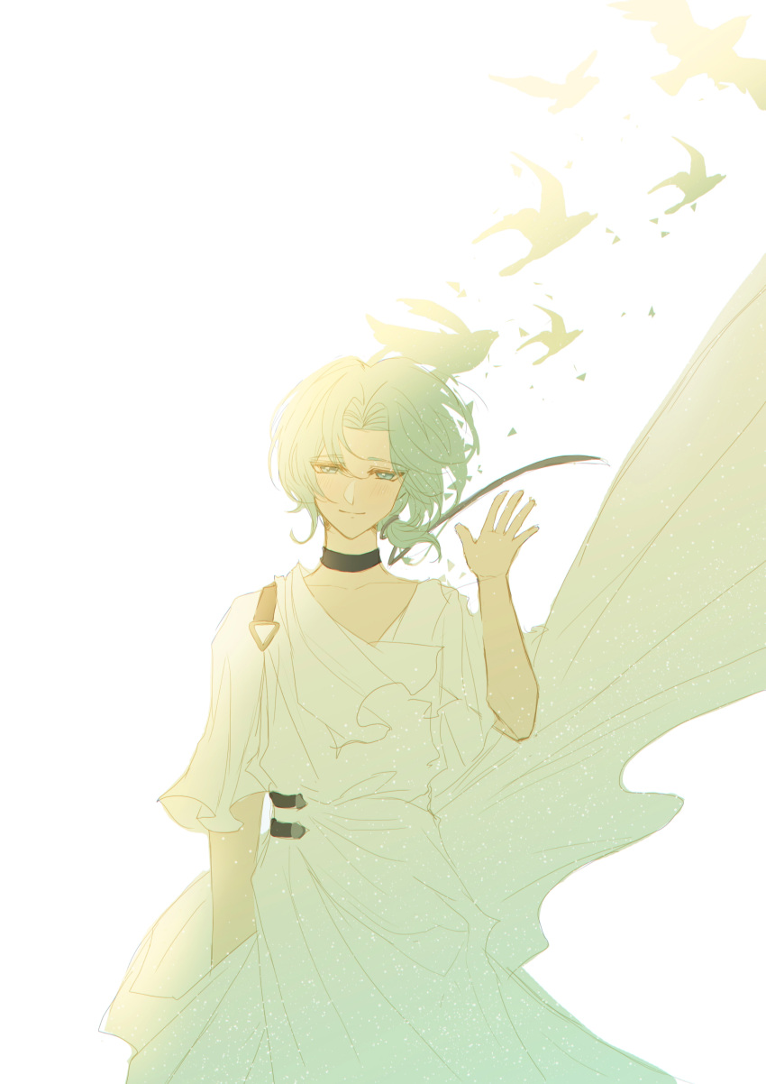1boy, absurdres, ambrum_(lovebrush_chronicles), ancient_greek_clothes, aqua_eyes, aqua_hair, arm_at_side, bird