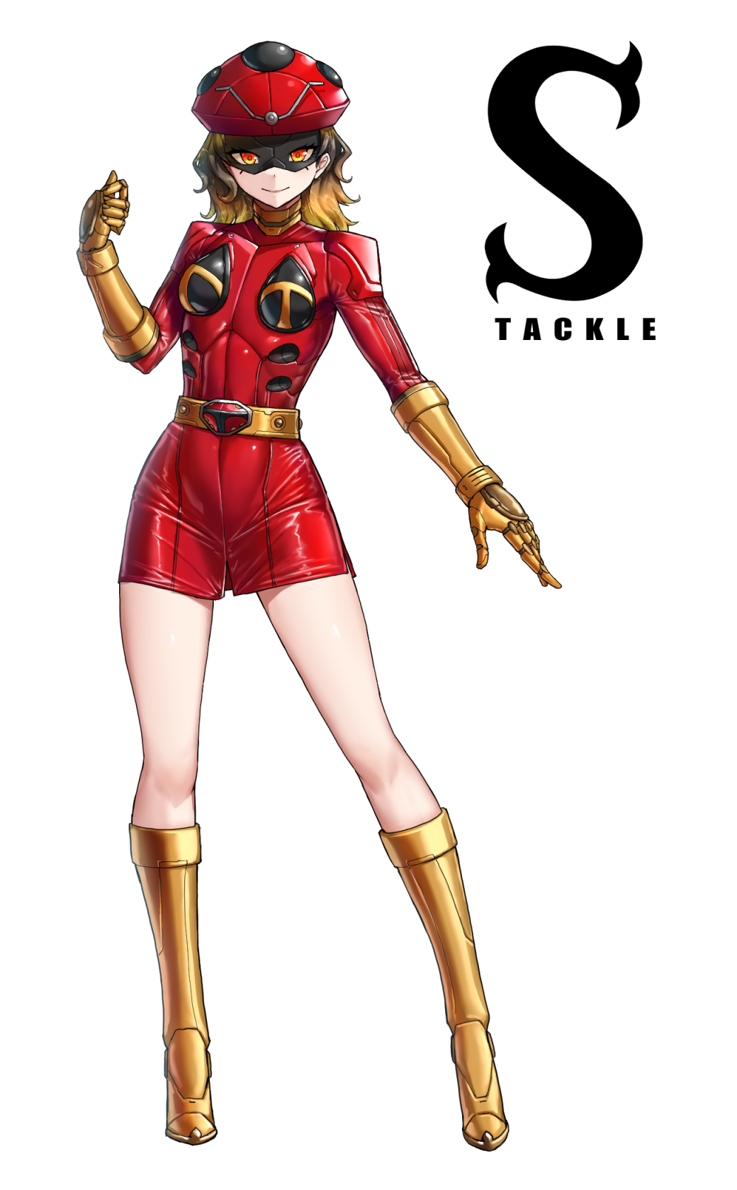 1girl, antennae, belt, belt_buckle, black_mask, blonde_hair, boots, brown_hair