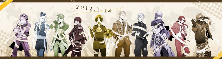 6+boys, artist_name, ascot, axis_powers_hetalia, bandaged_arm, bandages, black_theme, blue_theme