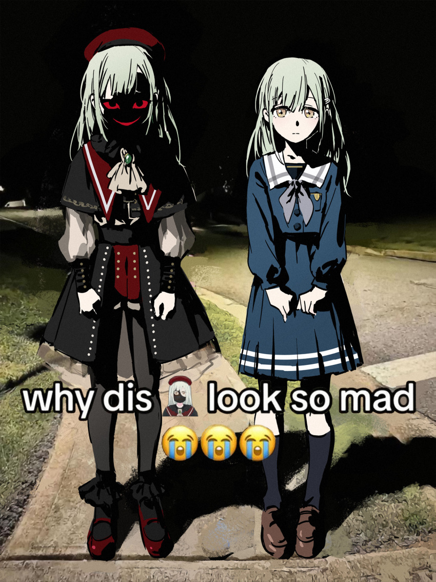 2girls, ascot, bang_dream!, bang_dream!_it's_mygo!!!!!, beret, black_capelet, black_skirt, black_socks