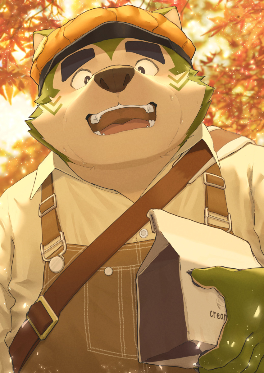 1boy, absurdres, animal_ears, bag, claws, dog_boy, dog_ears, dog_nose, facial_mark, fangs, furry, furry_male, green_fur, hat, highres, holding, holding_pastry_bag, live_a_hero, looking_at_viewer, looking_down, mokdai_(live_a_hero), newsboy_cap, open_mouth, orange_hat, outdoors, pastry_bag, shirt, shoulder_bag, smile, surokuro, suspenders, sweat, sweatdrop, thick_eyebrows, white_shirt