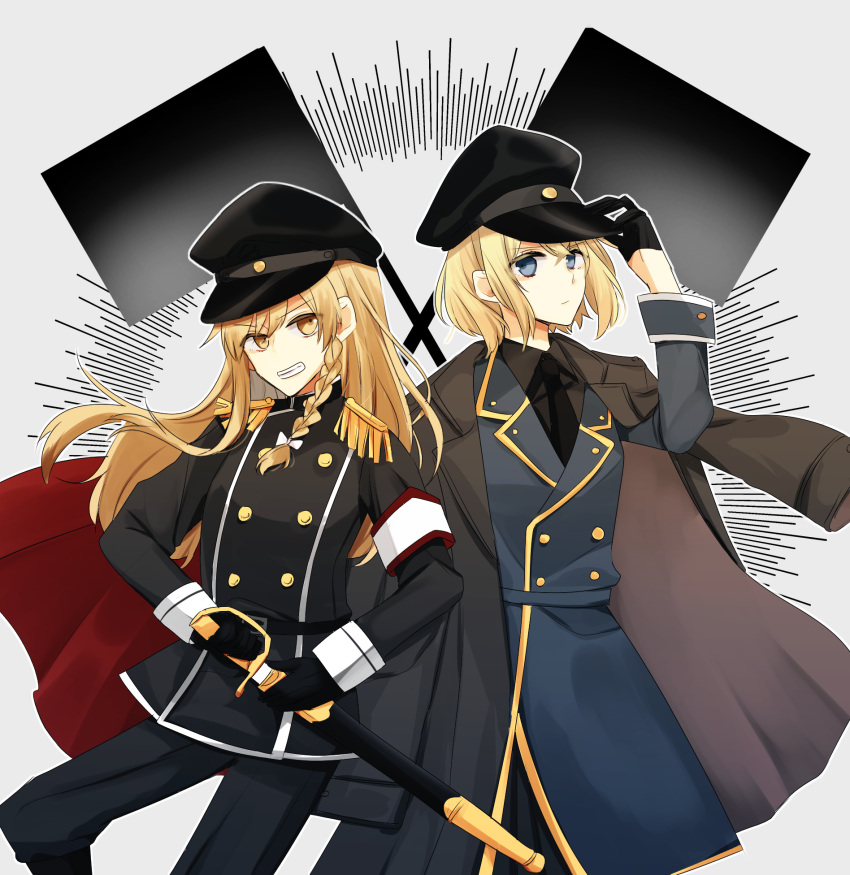 2girls, alice_margatroid, alternate_costume, belt, black_coat, black_gloves, black_necktie, blonde_hair
