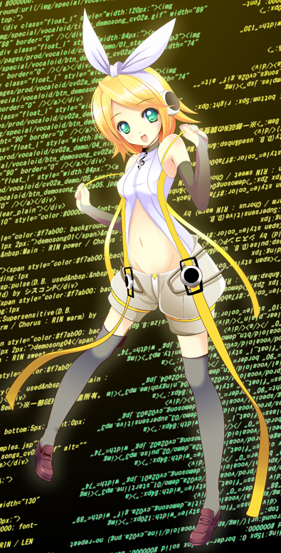 aqua_eyes, bad_id, blonde_hair, code, hair_ornament, hair_ribbon, hairclip, headphones
