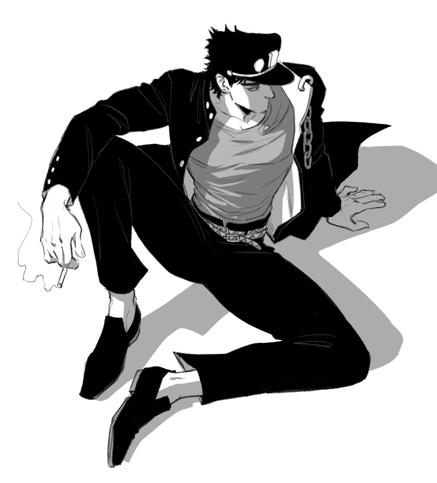 1boy, absurdres, arm_support, belt, between_fingers, chain, cigarette, collarbone, donlemefo, full_body, greyscale, hat, highres, holding, holding_cigarette, jacket, jojo_no_kimyou_na_bouken, kujo_jotaro, male_focus, monochrome, multiple_belts, open_clothes, open_jacket, pants, shadow, shoes, short_hair, solo, stardust_crusaders