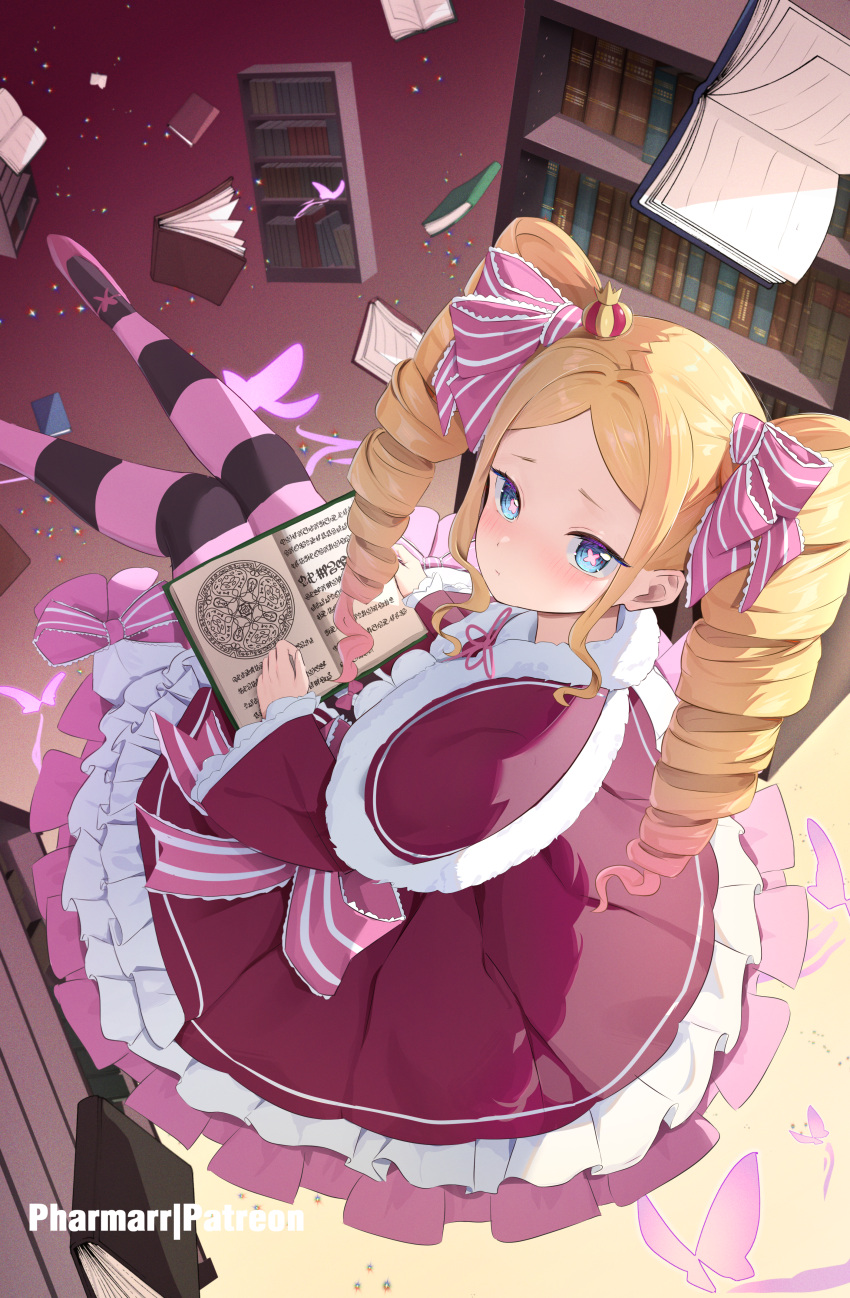 1girl, absurdres, beatrice_(re:zero), blonde_hair, blue_eyes, blush, book, bookshelf