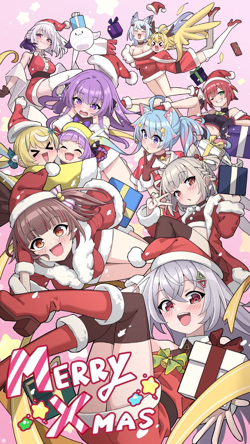 6+girls, absurdres, animal_ears, aogiri_koukou, blue_eyes, chi_lee, christmas, earendel_(jishenkong_jihua), fox_ears, hair_ornament, hat, hibiki_(vtuber), highres, indie_virtual_youtuber, ishikari_akari, jishenkong_jihua, kannagi_tenri, lanmewko, long_hair, looking_at_viewer, meridian_project, mizuki_(vtuber), multiple_girls, otsuka_ray, purple_hair, santa_hat, shiratama_utano, suzukaze_shitora, violet_eyes, virtual_youtuber, yoshika_(vtuber)