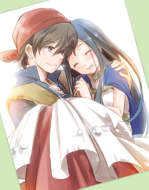 1boy, 1girl, bandana, black_eyes, blue_capelet, blue_shirt, border, brown_hair