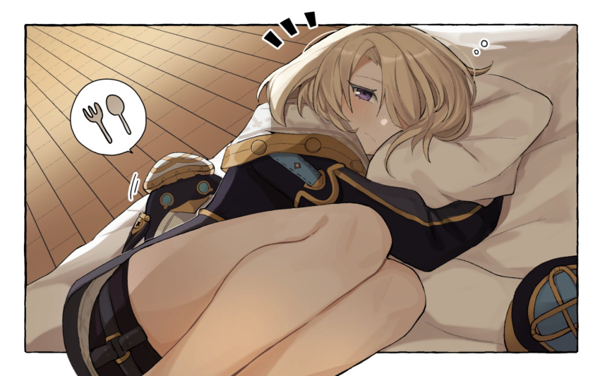 1boy, black_bodysuit, black_shorts, blonde_hair, blush, bodysuit, closed_mouth, fork, freminet_(genshin_impact), genshin_impact, gorila_chan, hair_over_one_eye, highres, long_sleeves, looking_at_viewer, lying, male_focus, pers_(genshin_impact), short_hair, shorts, solo, spoon, violet_eyes