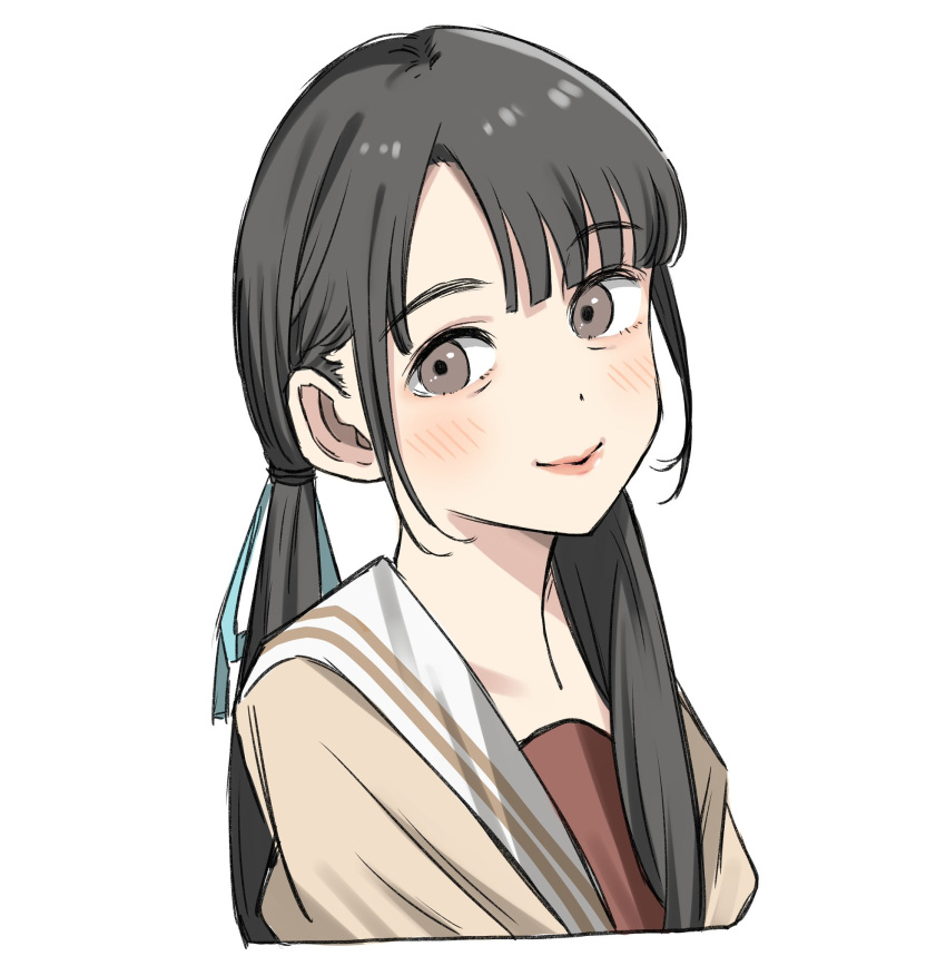 1girl, animification, bien_(djpwjd1), black_hair, blue_ribbon, blush, brown_cardigan, cardigan