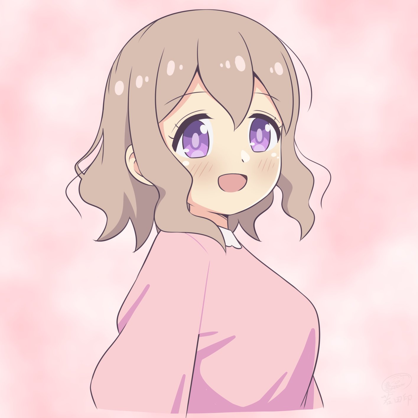 1girl, :d, brown_hair, commentary, dress, from_side, hair_between_eyes, highres