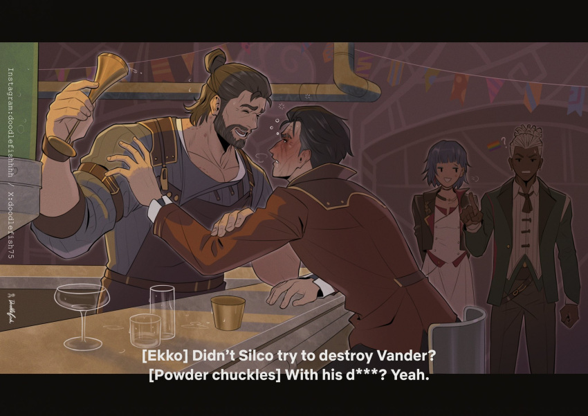 1girl, 3boys, ?, apron, arcane:_league_of_legends, artist_name, bar_(place), beard