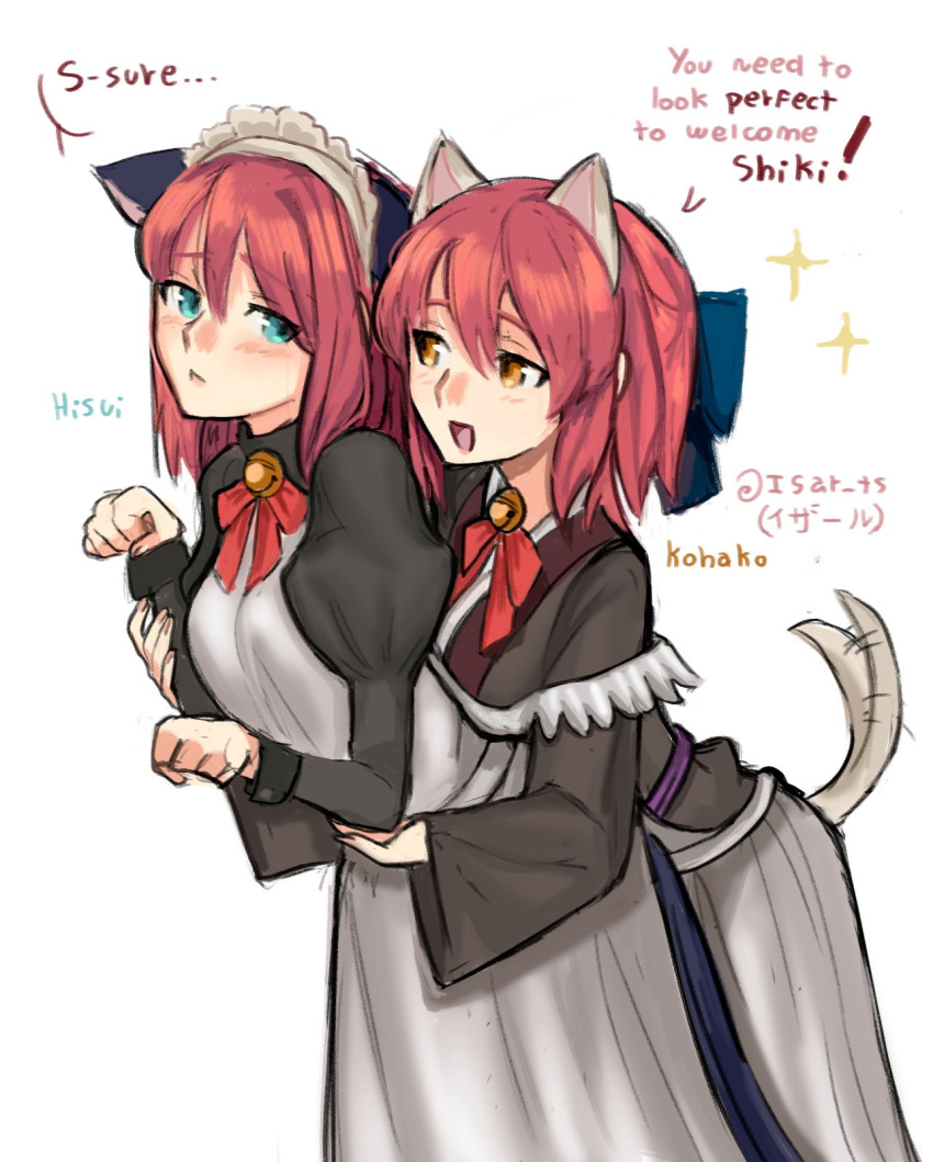2girls, animal_ears, apron, belaweb123, blue_eyes, bow, brown_eyes, cat_ears