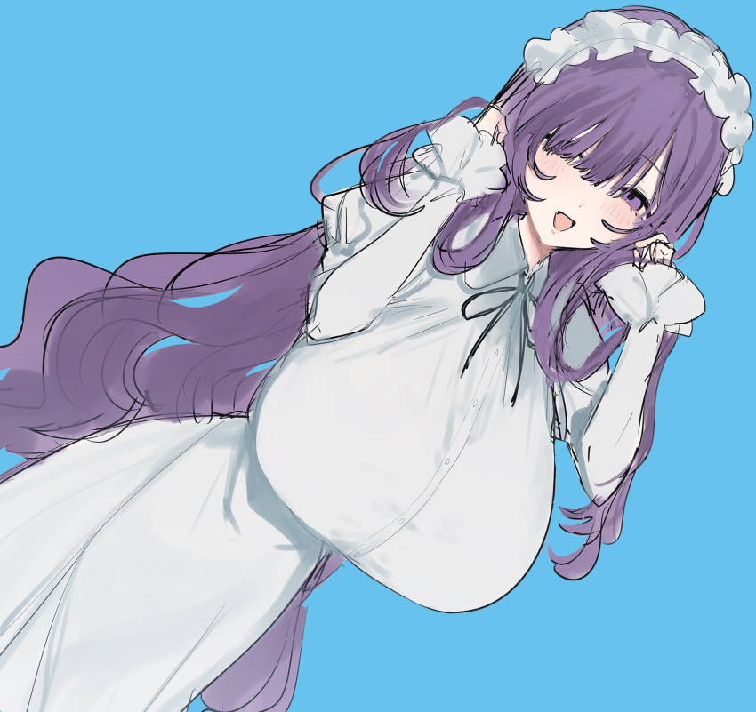 1girl, :d, black_ribbon, blue_background, blush, breasts, buttons, collared_dress, commentary, dress, dutch_angle, eurasia_(wtp09ptw14), francoise_(eurasia), frilled_headwear, frilled_sleeves, frills, hair_over_one_eye, hands_up, highres, huge_breasts, long_hair, looking_at_viewer, neck_ribbon, open_mouth, original, purple_hair, ribbon, simple_background, smile, solo, standing, very_long_hair, violet_eyes, wavy_hair, white_dress, white_headdress