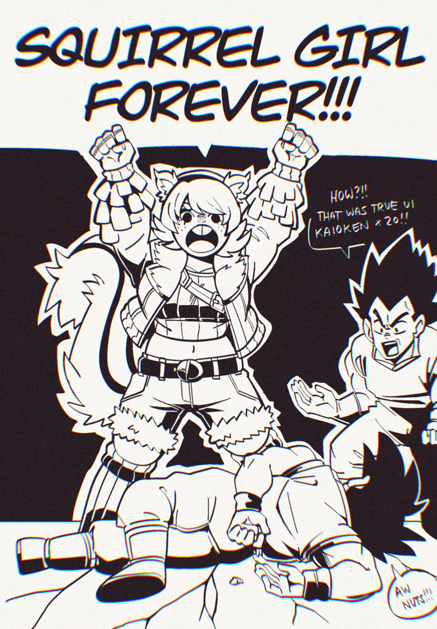 1girl, 2boys, animal_ears, breasts, dragon_ball, dragon_ball_z, freckles, gloves