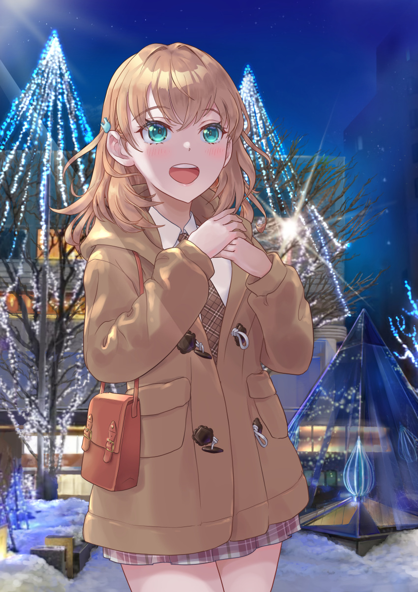 1girl, :d, absurdres, aqua_eyes, blush, brown_coat, brown_necktie, coat