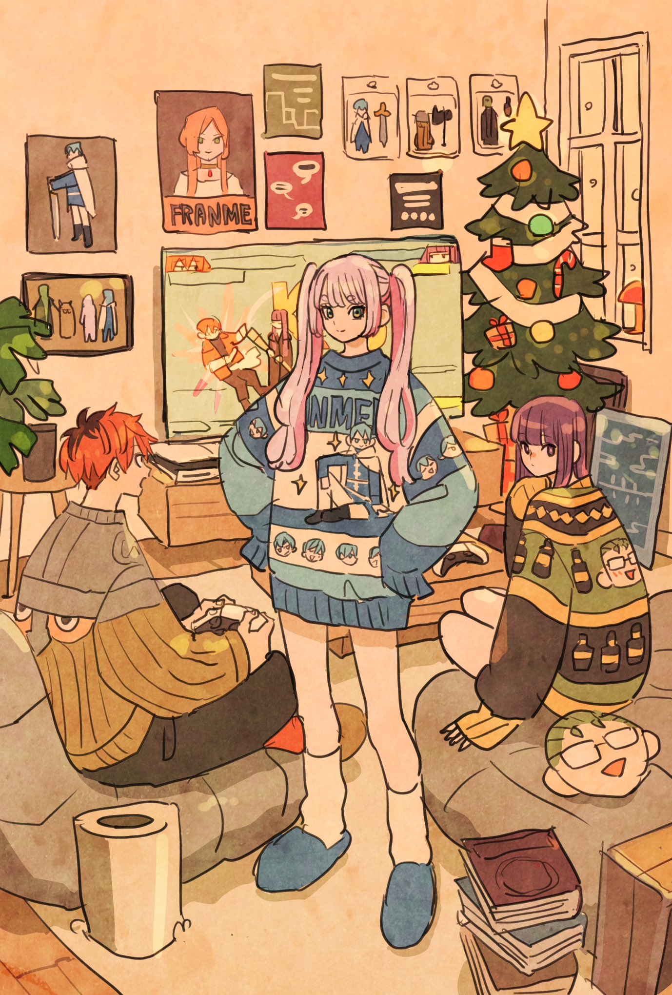 1boy, 2girls, alternate_costume, blue_footwear, blue_sweater, book, box, cameo