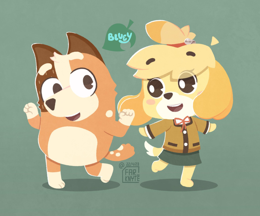 2girls, animal_crossing, artist_logo, bluey, chilli_heeler, dancing, dated, far_knyte