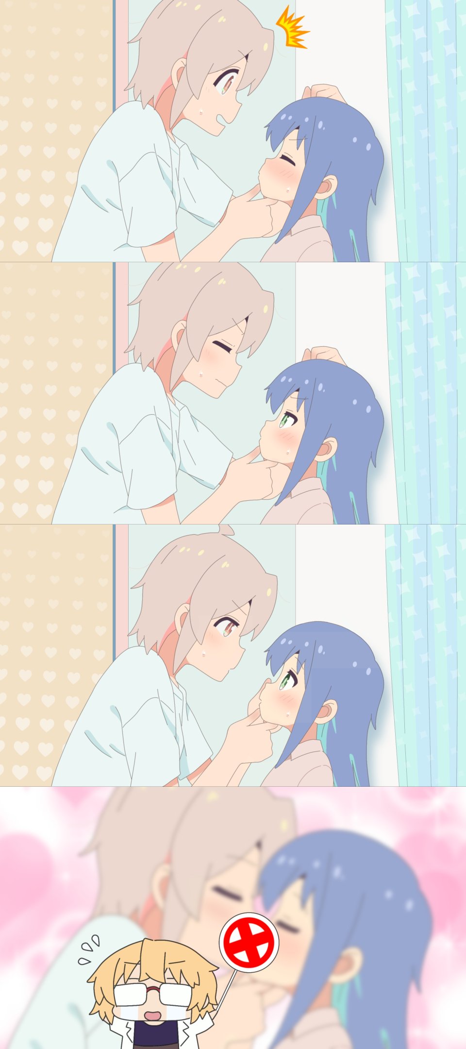 1boy, 2girls, =_=, ^^^, against_wall, ahoge, aqua_hair, azuma_chitose