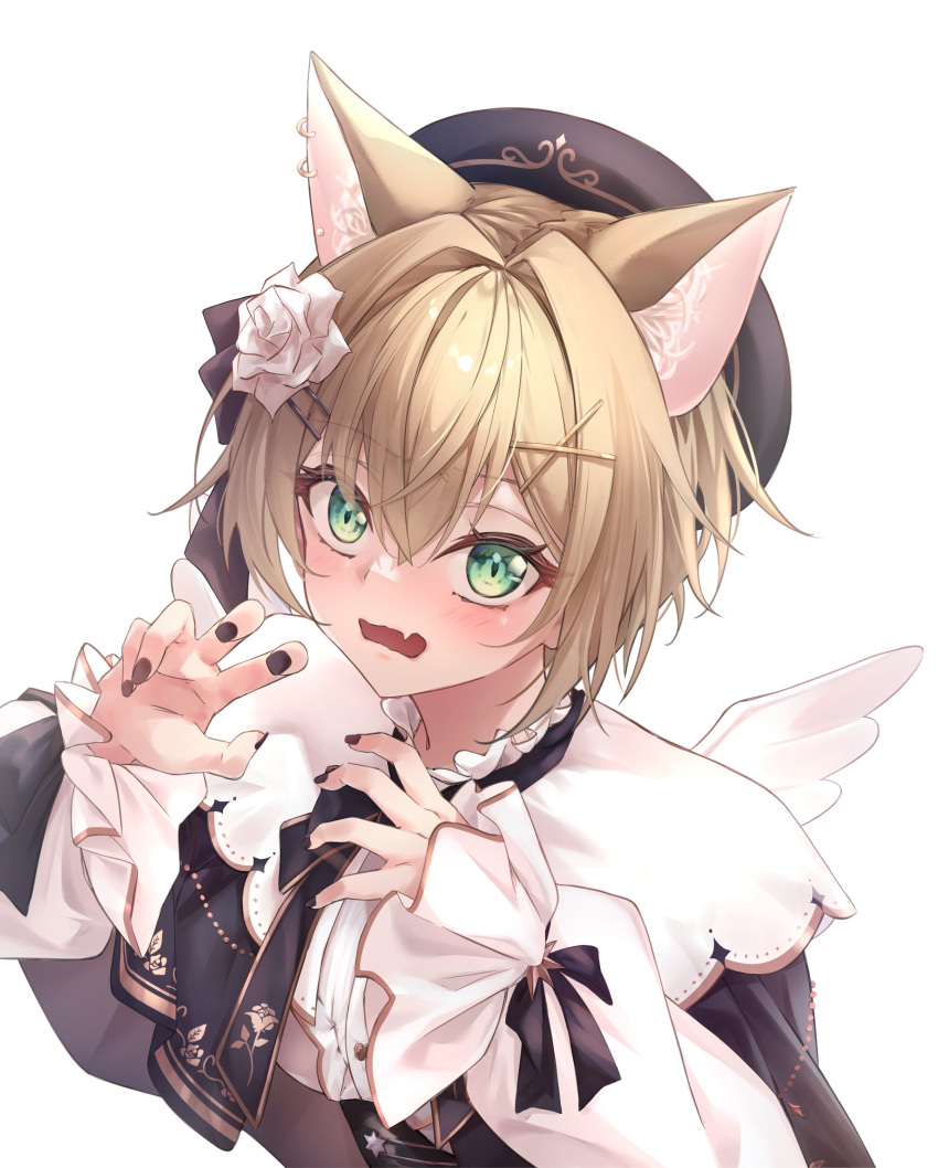 1girl, absurdres, animal_ears, black_hat, black_nails, blonde_hair, blush, fang