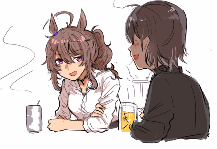2girls, ahoge, alcohol, animal_ears, beer, beer_glass, black_shirt, blue_eyes