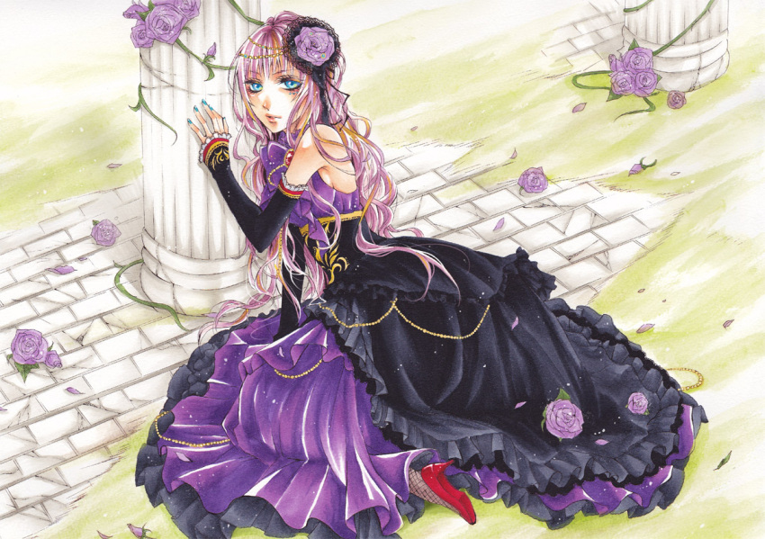 bare_shoulders, blue_eyes, dress, elbow_gloves, fingerless_gloves, flower, gloves, hair_flower, hair_ornament, high_heels, long_hair, megurine_luka, murashige-lu, nail_polish, pink_hair, purple_rose, rose, shoes, solo, traditional_media, vocaloid