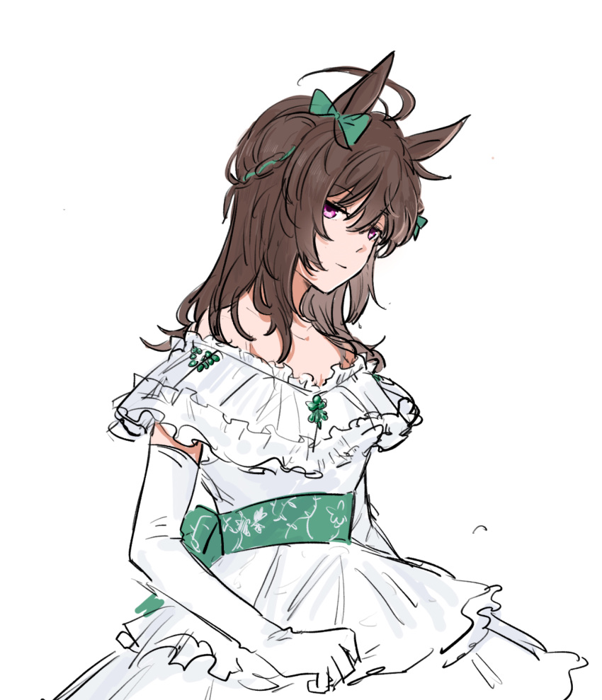 1girl, ahoge, animal_ears, bow, bridal_gauntlets, brown_hair, closed_mouth, dress