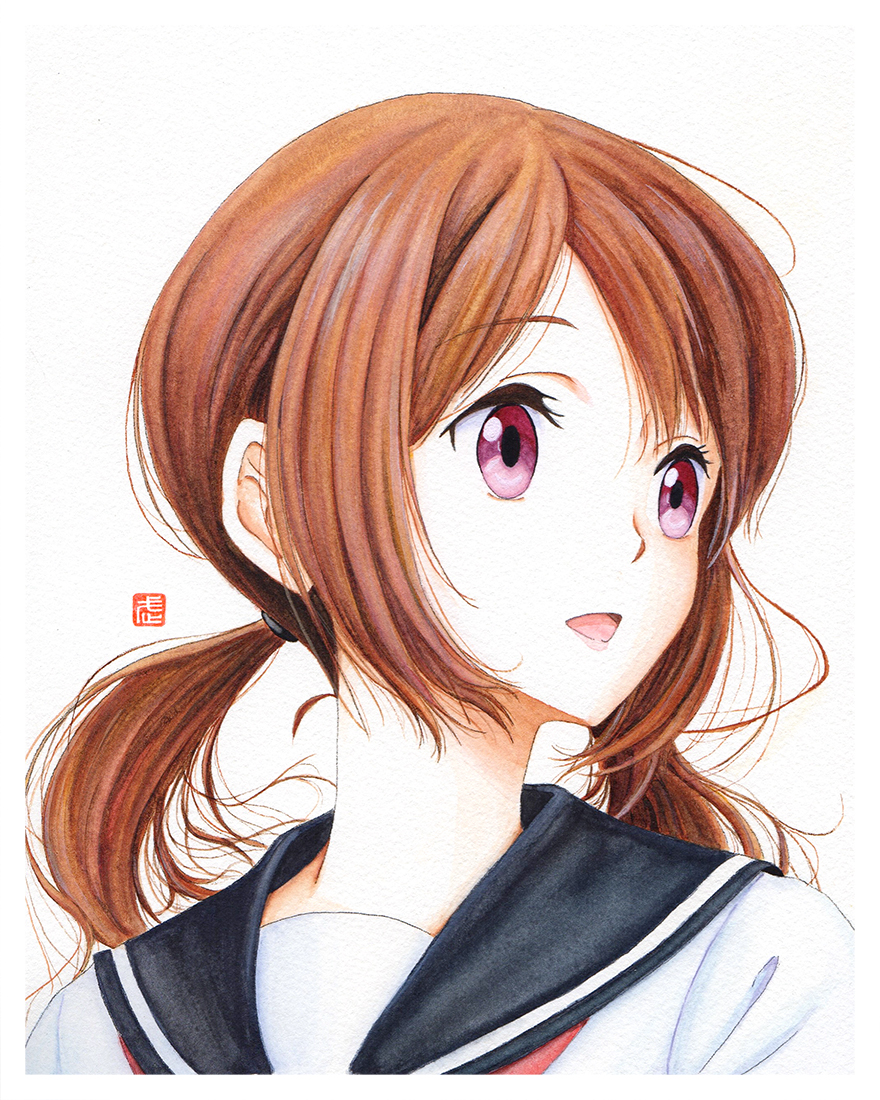 1girl, black_sailor_collar, brown_hair, commentary_request, hair_tie, neckerchief, open_mouth, ponytail