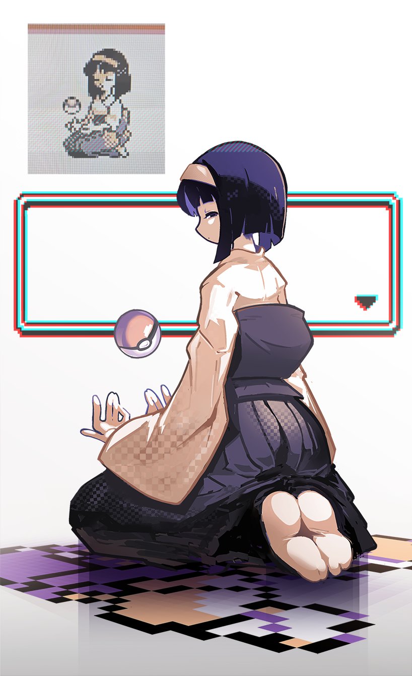 1girl, black_hair, bob_cut, closed_eyes, closed_mouth, dot_mouth, erika_(pokemon), floating, from_behind, hairband, hakama, highres, japanese_clothes, kimono, levitation, looking_at_viewer, narrowed_eyes, obi, pixel_art_inset, poke_ball, pokemon, pokemon_rgby, profile, sash, screenshot_inset, shakeeeeeeeee, short_hair, sitting, solo, tabi, white_hairband, white_kimono