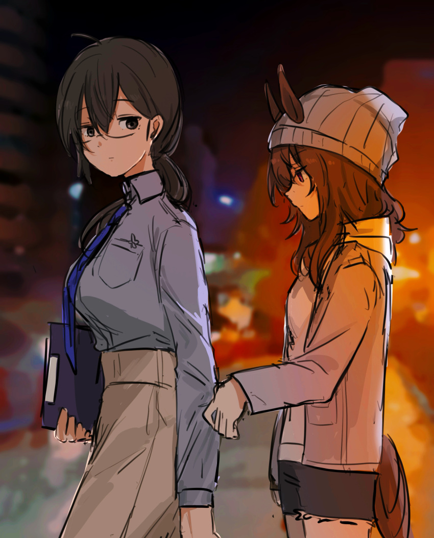 2girls, absurdres, ahoge, animal_ears, beanie, black_eyes, black_hair, black_shorts, blue_eyes, blue_necktie, blue_shirt, breasts, brown_hair, brown_pants, city, clipboard, closed_mouth, clothes_grab, collared_shirt, ears_through_headwear, expressionless, female_trainer_(umamusume), glass, grabbing_another's_sleeve, graviton_beam_emitter, grey_hat, grey_jacket, hair_between_eyes, hat, highres, hood, hooded_jacket, horse_ears, horse_girl, horse_tail, jacket, large_breasts, long_hair, long_sleeves, looking_at_another, looking_back, messy_hair, multiple_girls, nakayama_festa_(umamusume), necktie, night, outdoors, pants, ponytail, roroko_momo, shirt, shirt_grab, short_shorts, shorts, sleeve_grab, small_breasts, tail, trainer_(umamusume), umamusume, yuri