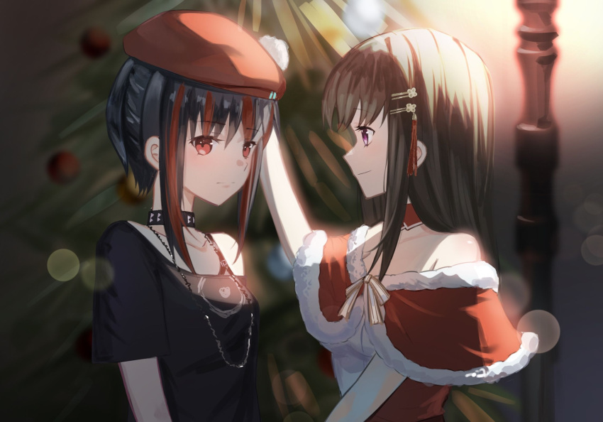 2girls, black_hair, choker, christmas, christmas_tree, hair_ornament, hat, heaven_burns_red