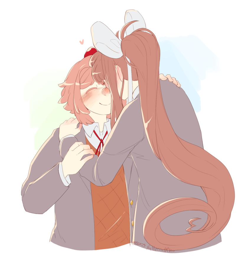 blush, bow, breasts, brown_hair, butterrhocat, doki_doki_literature_club, green_eyes, hair_bow