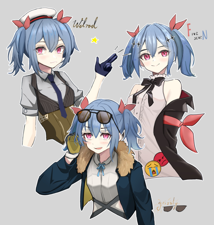1girl, :3, :d, arms_behind_back, bare_shoulders, black_coat, black_gloves, blue_hair, blue_jacket, blush, breasts, clothes_pull, coat, colphne_(girls'_frontline_2), commentary_request, cosplay, cropped_jacket, dress, eyewear_on_head, five-seven_(girls'_frontline), five-seven_(girls'_frontline)_(cosplay), fur-trimmed_jacket, fur_trim, girls'_frontline_2:_exilium, girls_frontline, gloves, grizzly_mkv_(girls'_frontline), grizzly_mkv_(girls'_frontline)_(cosplay), hair_between_eyes, hair_ribbon, hat, highres, jacket, jacket_pull, lotan, medium_hair, multiple_views, off_shoulder, pink_eyes, red_ribbon, ribbon, shirt, sleeveless, sleeveless_dress, small_breasts, smile, sunglasses, twintails, welrod_mkii_(girls'_frontline), welrod_mkii_(girls'_frontline)_(cosplay), white_dress