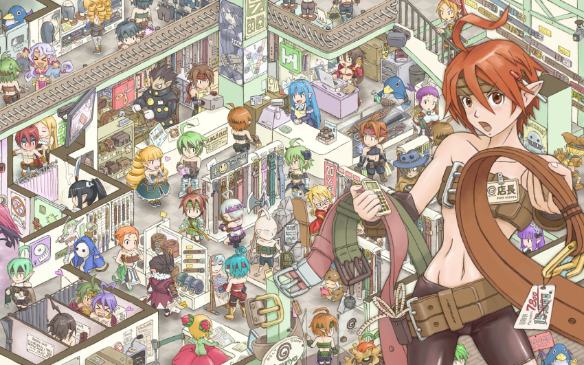 archer_(disgaea), asagi, asagi_(nippon_ichi), asagiri_asagi, belt, beltbra, beltskirt, bike_shorts, blush, cheerleader_(disgaea), disgaea, disgaea_3, everyone, female_gunner_(disgaea), frown, gunner_(disgaea), healer_(disgaea), highres, mage_(disgaea), magic_knight_(disgaea), nintendo_ds, phantom_brave, phantom_kingdom, prinny, ronin_(disgaea), saber_kitty, shop, shopping, store, succubus_(disgaea), tamazen, thief_(disgaea), warrior_(disgaea)