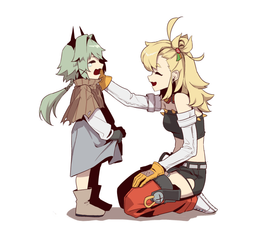 2girls, aged_down, ahoge, black_gloves, blonde_hair, caesar_king_(zenless_zone_zero), chopchopguy, crying, detached_sleeves, dress, gloves, green_hair, grey_dress, highres, kneeling, low_ponytail, midriff, multiple_girls, piper_wheel, yellow_gloves, zenless_zone_zero